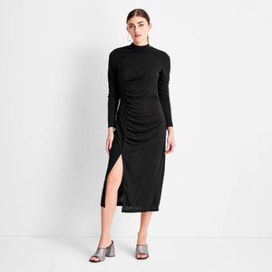 NWT Future Collective Long Sleeve Mock Neck Side Ruched Slit Midi Dress